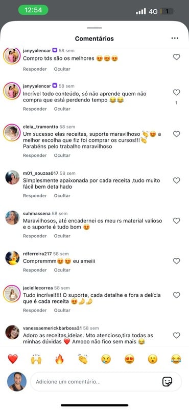 Comentários de alunas no Instagram