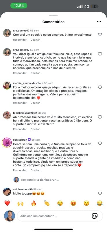 Comentários de alunas no Instagram