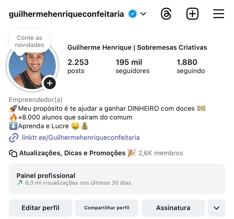 Perfil no Instagram de Guilherme Henrique, confeitaria